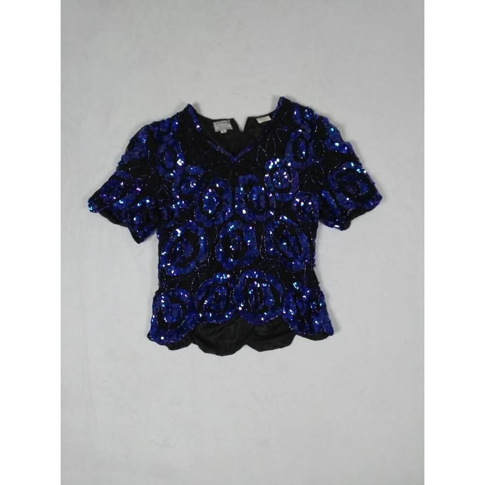 Stenay Vintage Silk Sequin Beaded Evening Top Royal Blue Black Scalloped Hem L